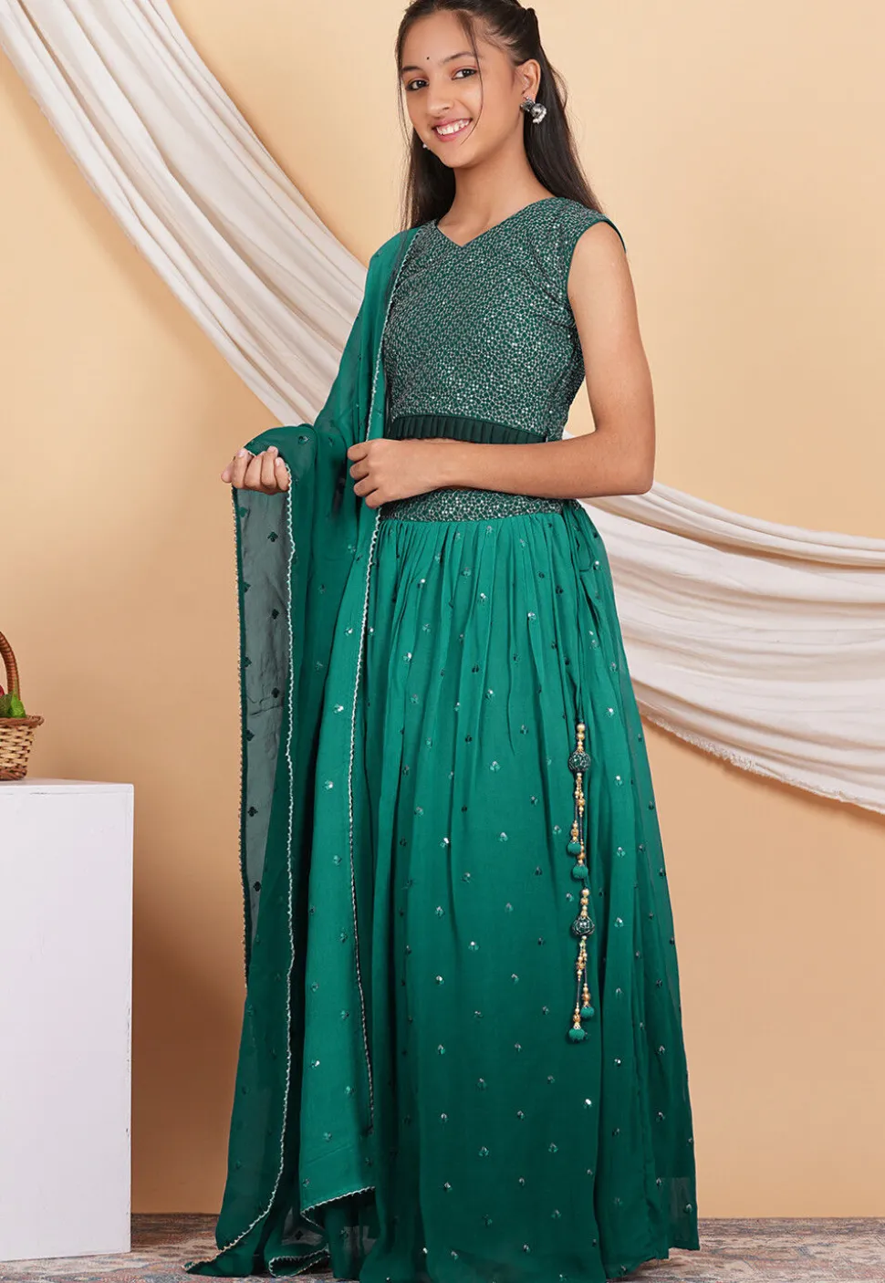 Embroidered Georgette Lehenga in Shaded Teal Green