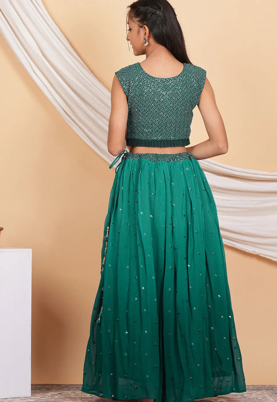 Embroidered Georgette Lehenga in Shaded Teal Green