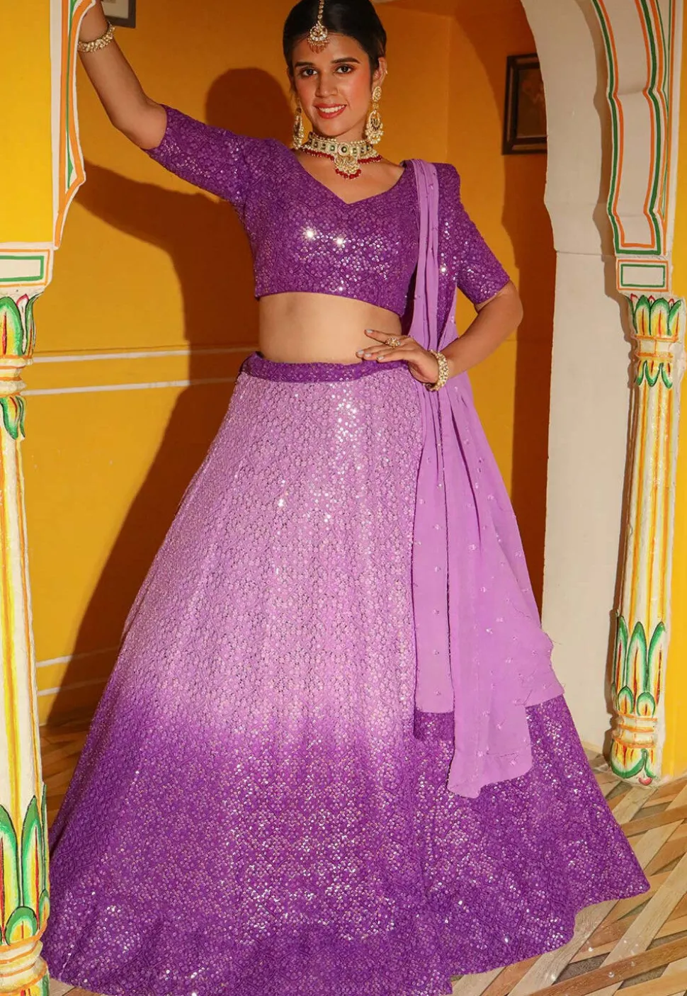 Embroidered Georgette Lehenga in Shaded Purple