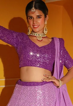 Embroidered Georgette Lehenga in Shaded Purple