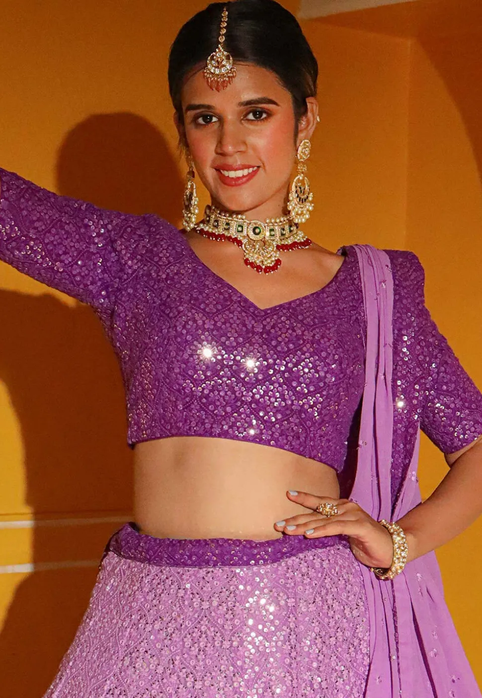 Embroidered Georgette Lehenga in Shaded Purple