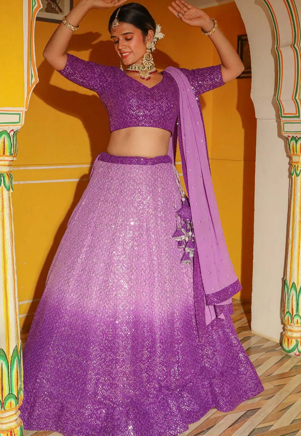 Embroidered Georgette Lehenga in Shaded Purple