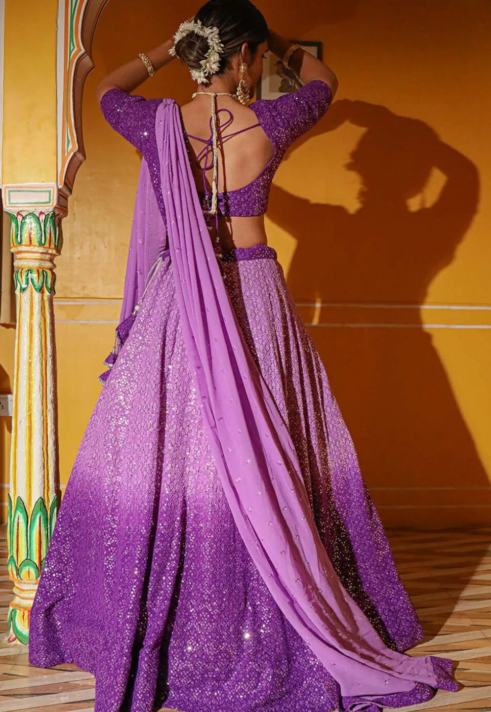 Embroidered Georgette Lehenga in Shaded Purple