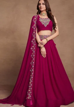 Embroidered Georgette Lehenga in Fuchsia