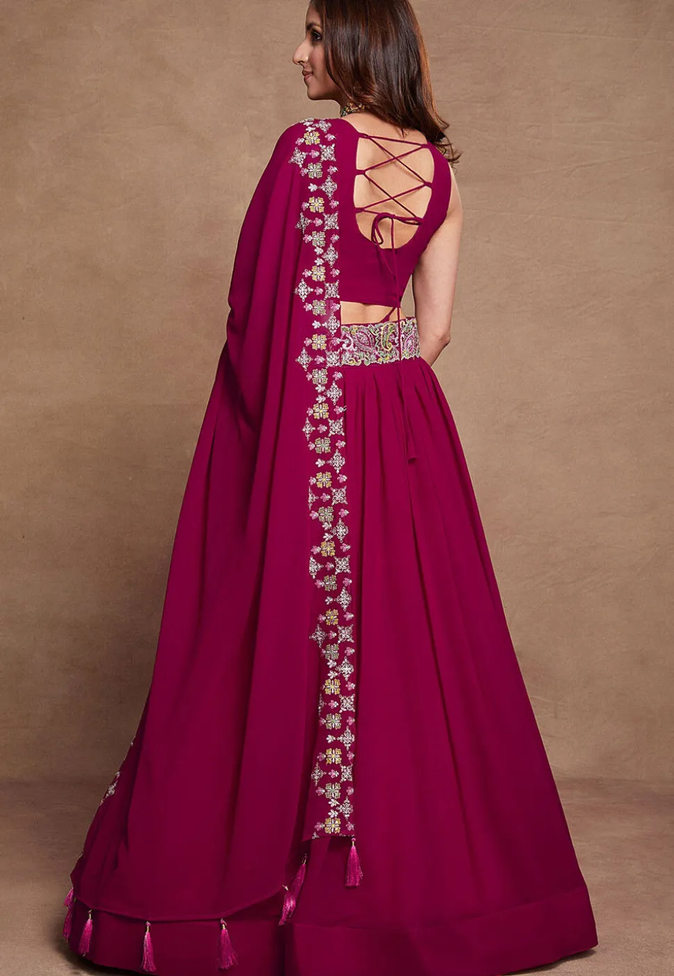 Embroidered Georgette Lehenga in Fuchsia
