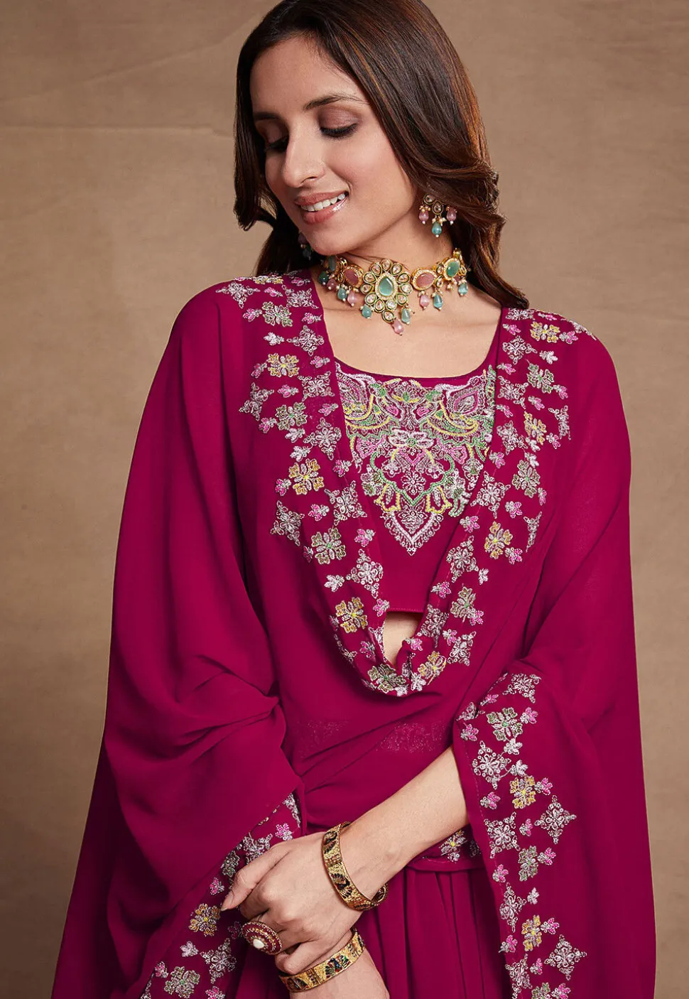 Embroidered Georgette Lehenga in Fuchsia