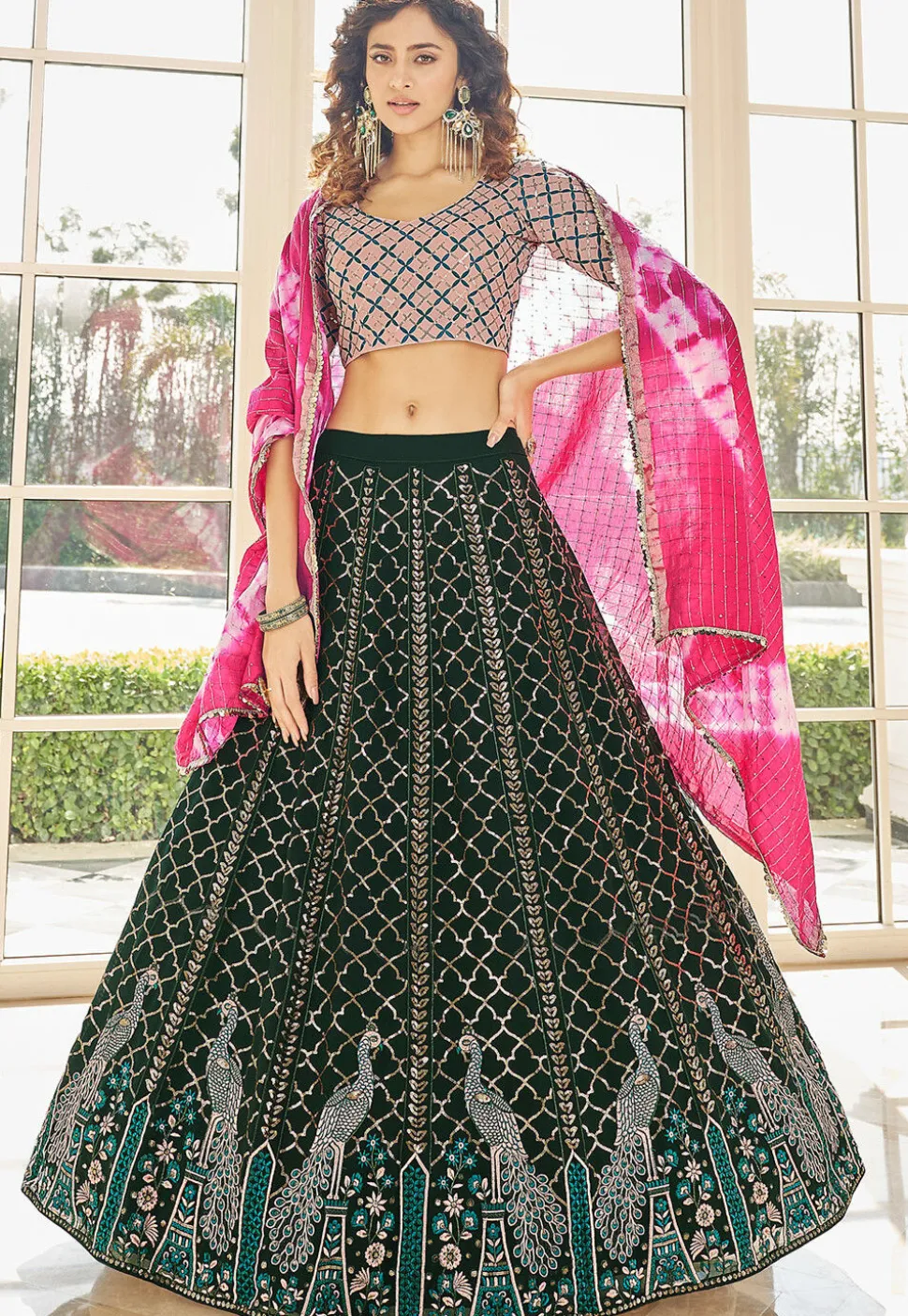 Embroidered Georgette Lehenga in Green