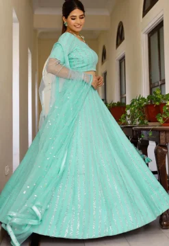 Embroidered Georgette Lehenga in Pastel Green