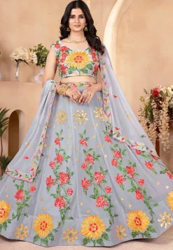 Embroidered Georgette Lehenga in Grey