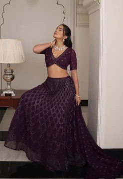 Embroidered Georgette Lehenga in Violet