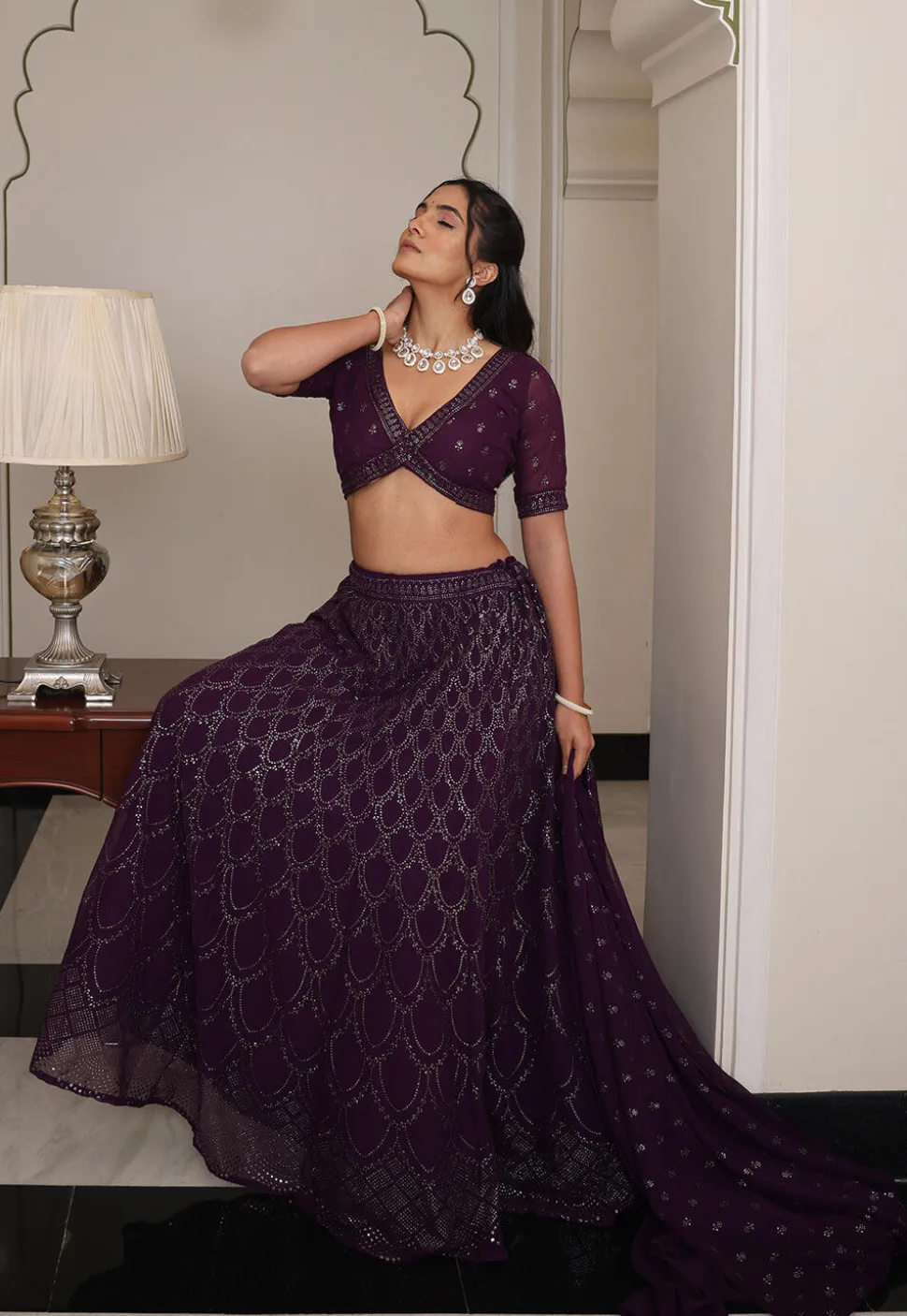 Embroidered Georgette Lehenga in Violet