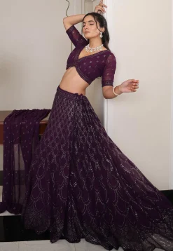 Embroidered Georgette Lehenga in Violet