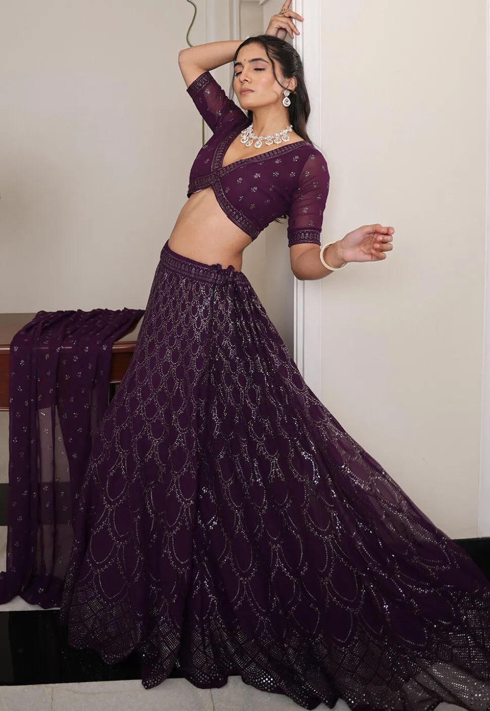 Embroidered Georgette Lehenga in Violet
