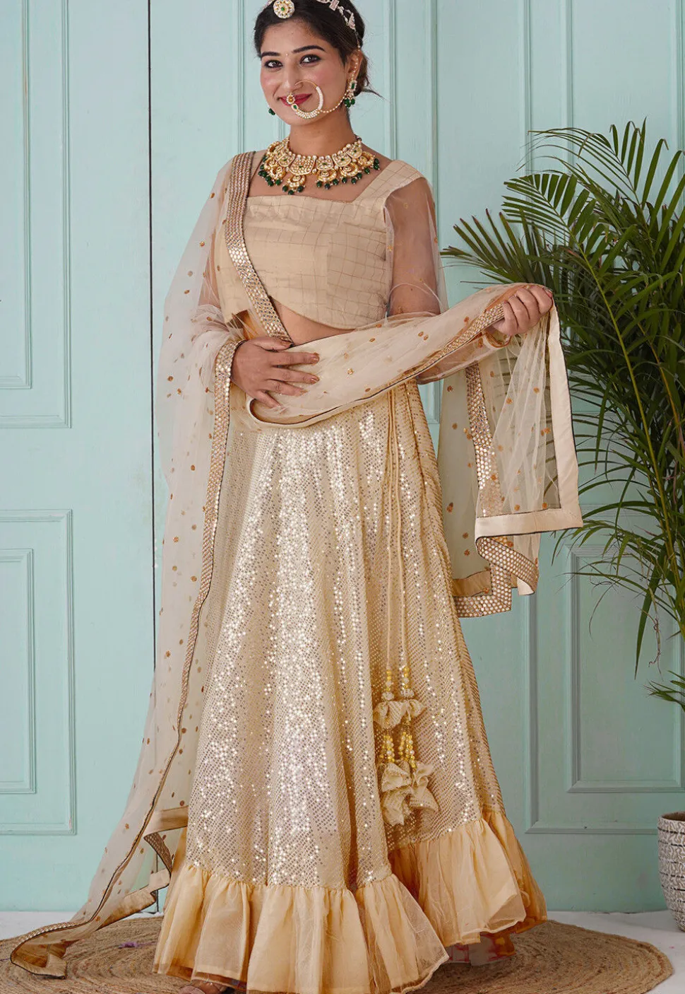 Embroidered Georgette Lehenga in Beige