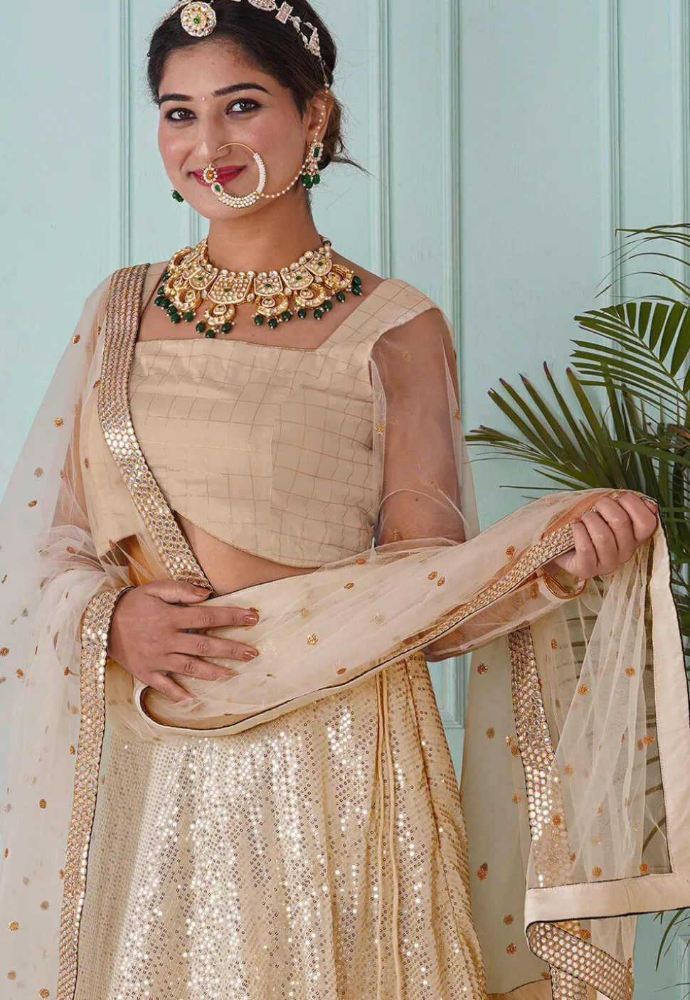 Embroidered Georgette Lehenga in Beige