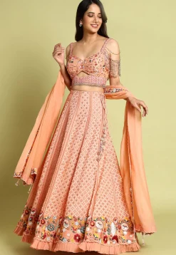 Embroidered Georgette Lehenga in Peach