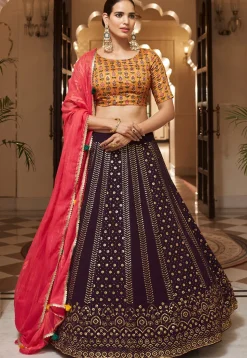 Embroidered Georgette Lehenga in Wine