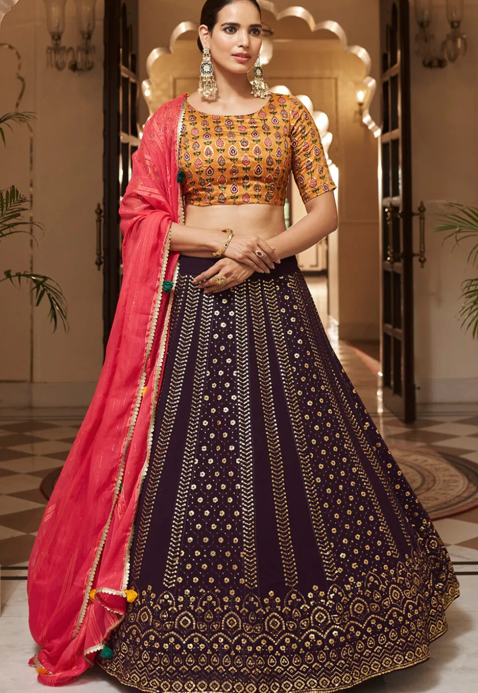 Embroidered Georgette Lehenga in Wine