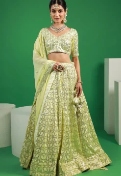 Embroidered Georgette Lehenga in Pastel Yellow