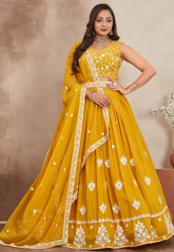 Embroidered Georgette Lehenga in Mustard