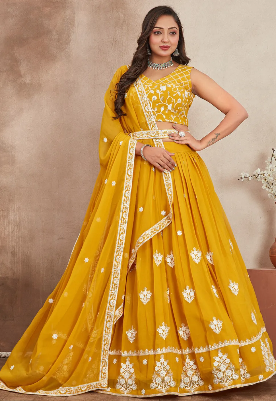 Embroidered Georgette Lehenga in Mustard