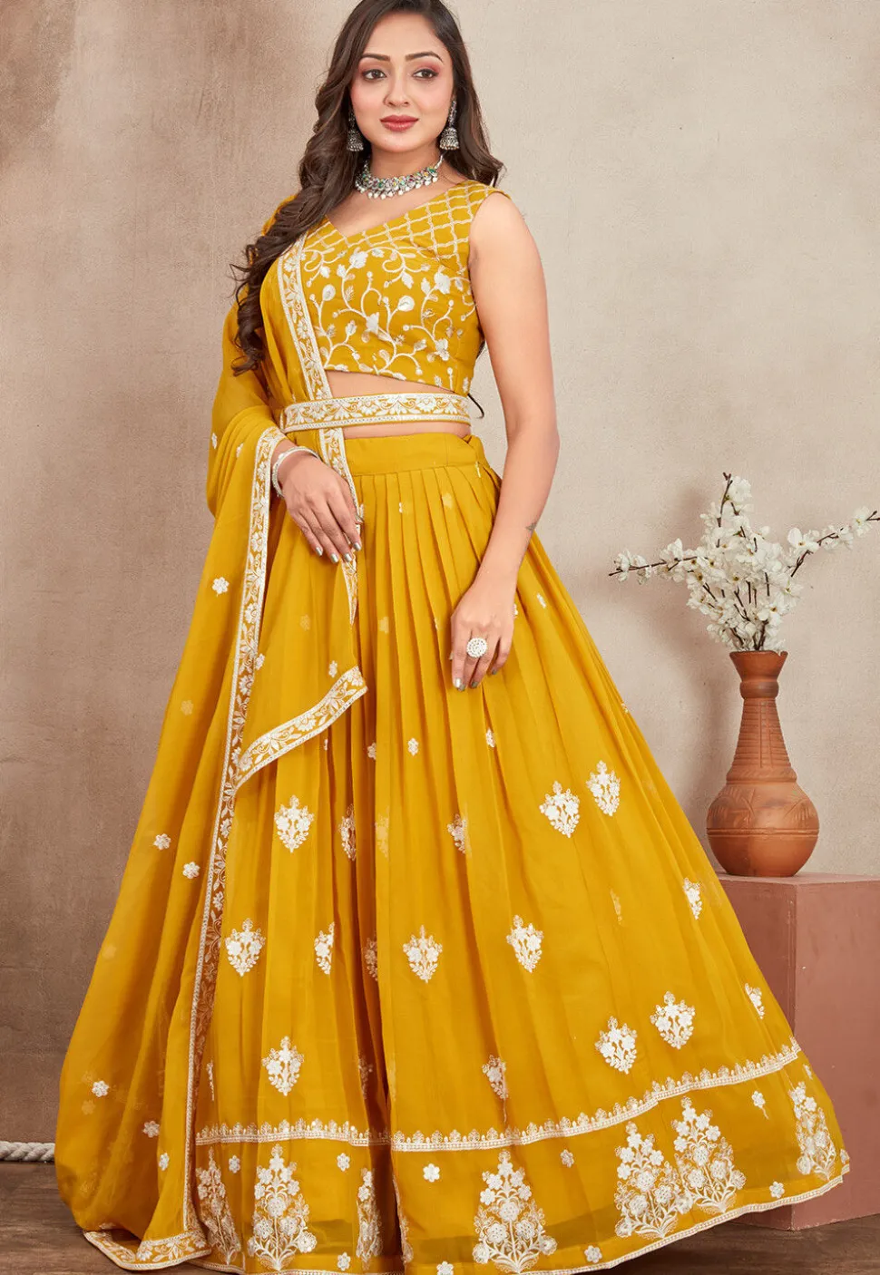Embroidered Georgette Lehenga in Mustard
