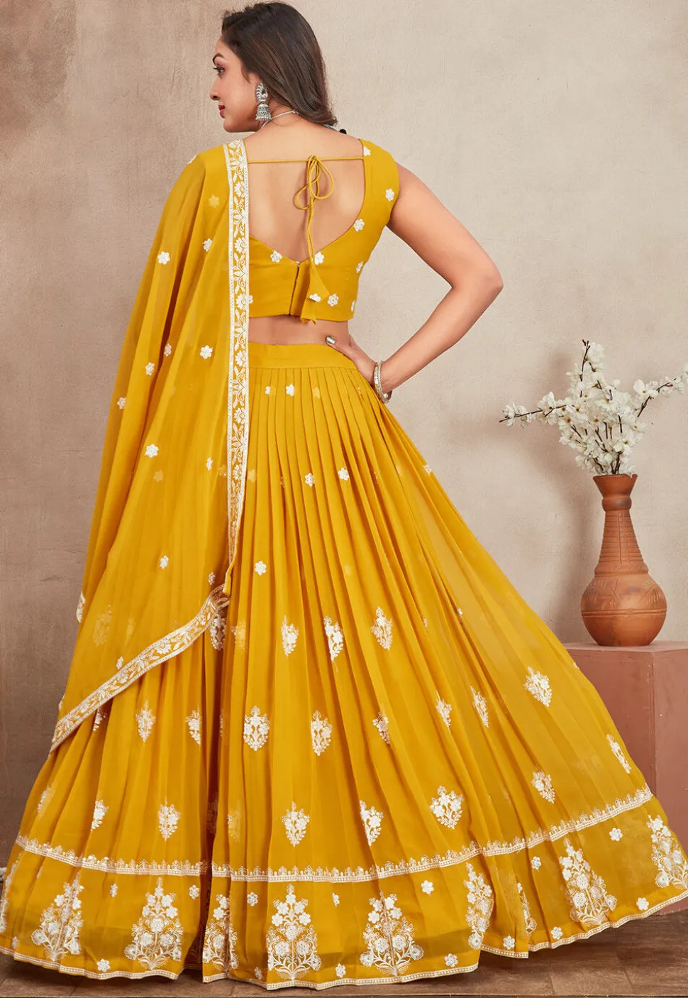 Embroidered Georgette Lehenga in Mustard
