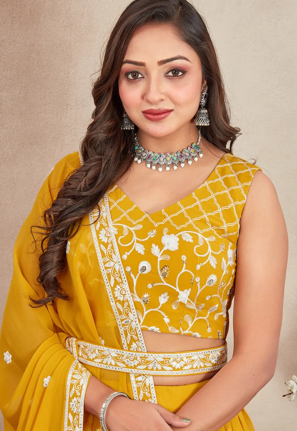Embroidered Georgette Lehenga in Mustard