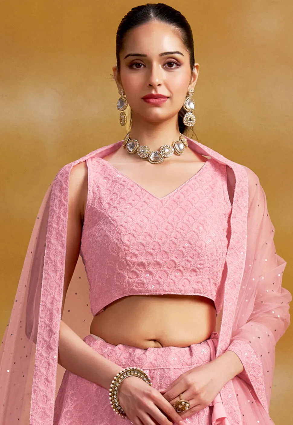 Embroidered Georgette Lehenga in Pink
