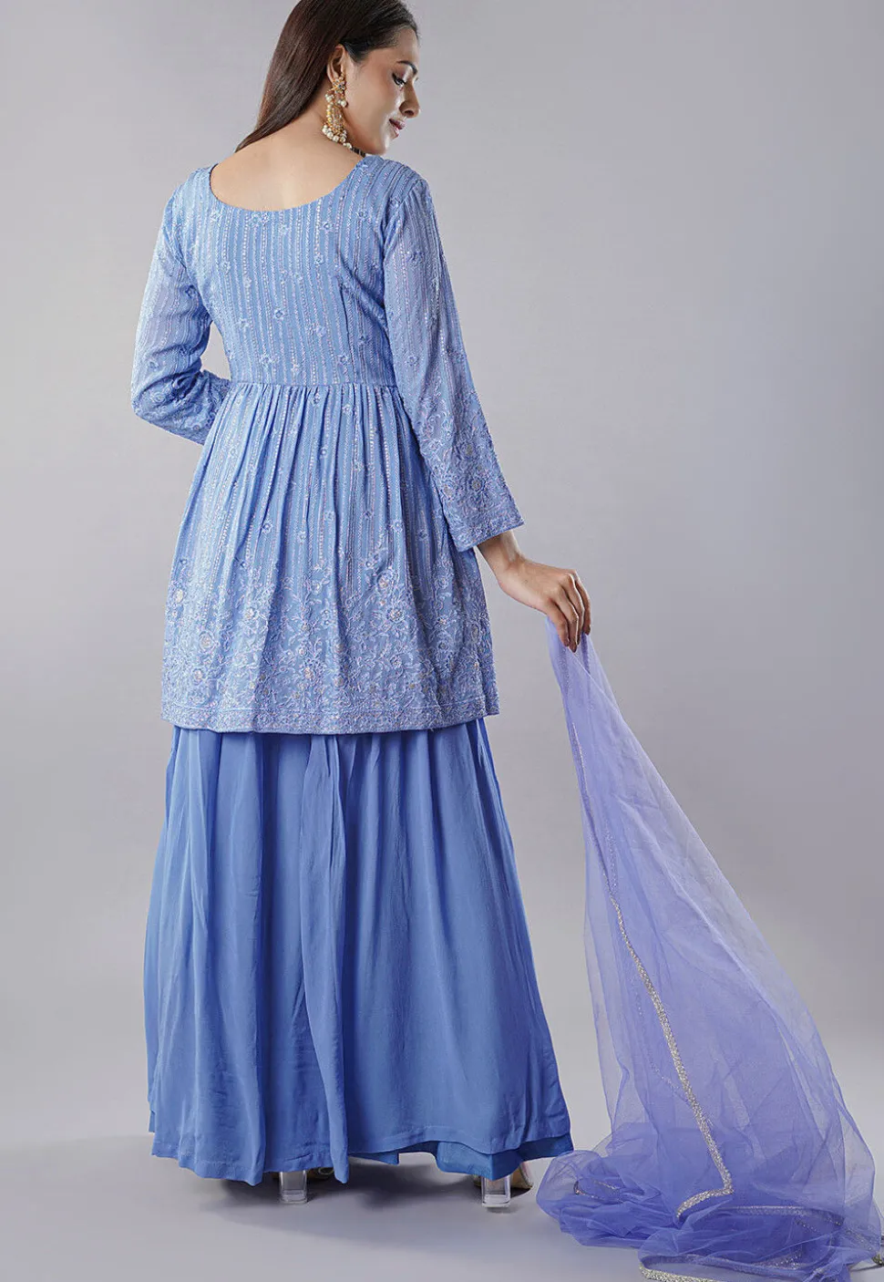 Embroidered Georgette Lehenga in Indigo Blue