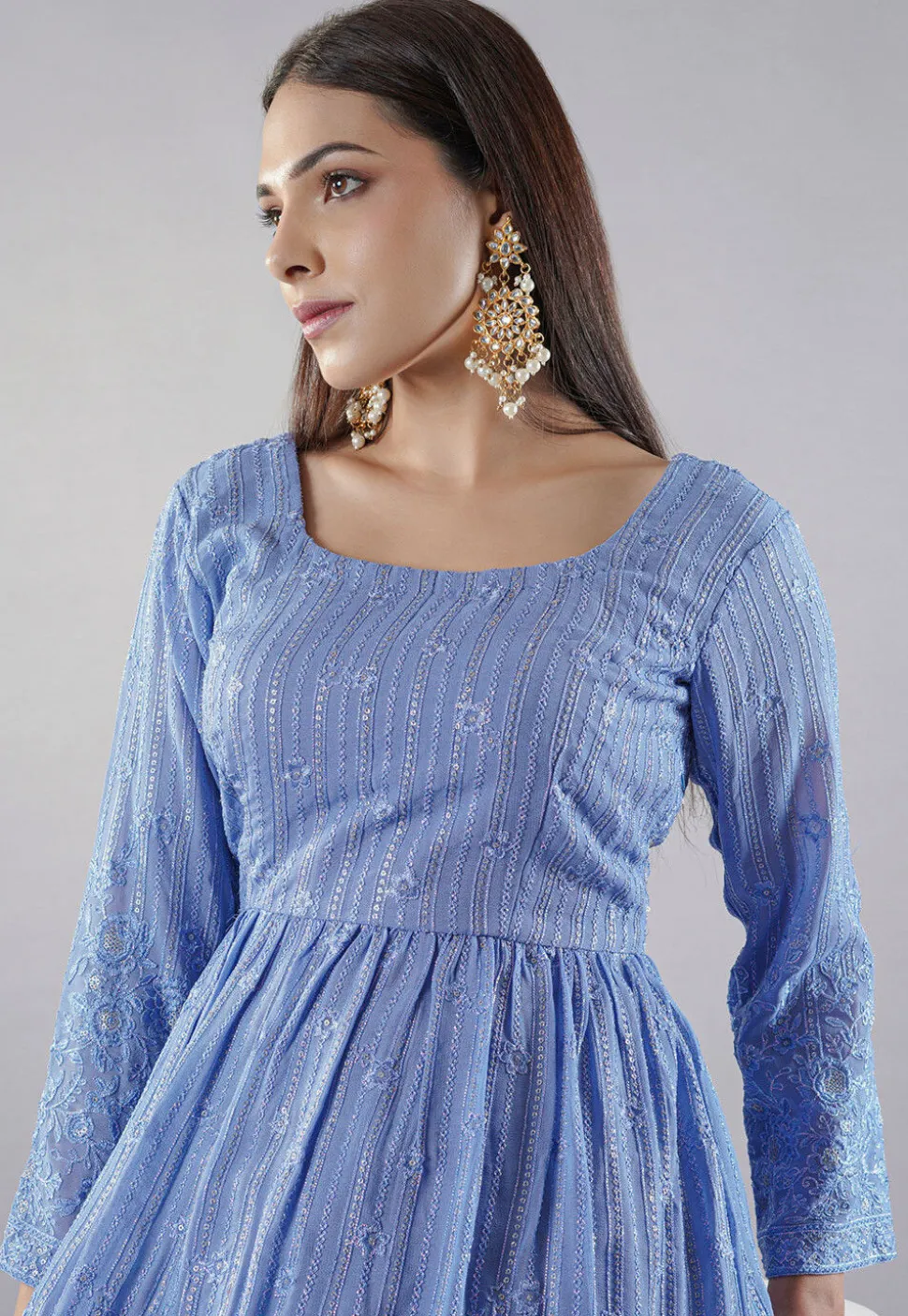 Embroidered Georgette Lehenga in Indigo Blue