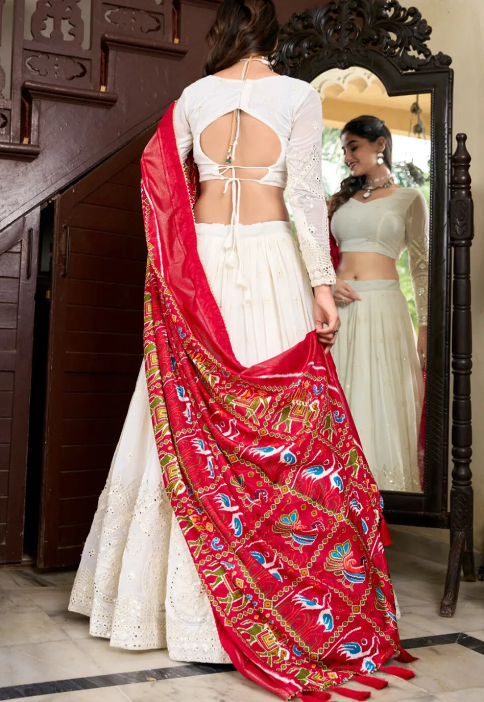 Embroidered Georgette Lehenga in Off White