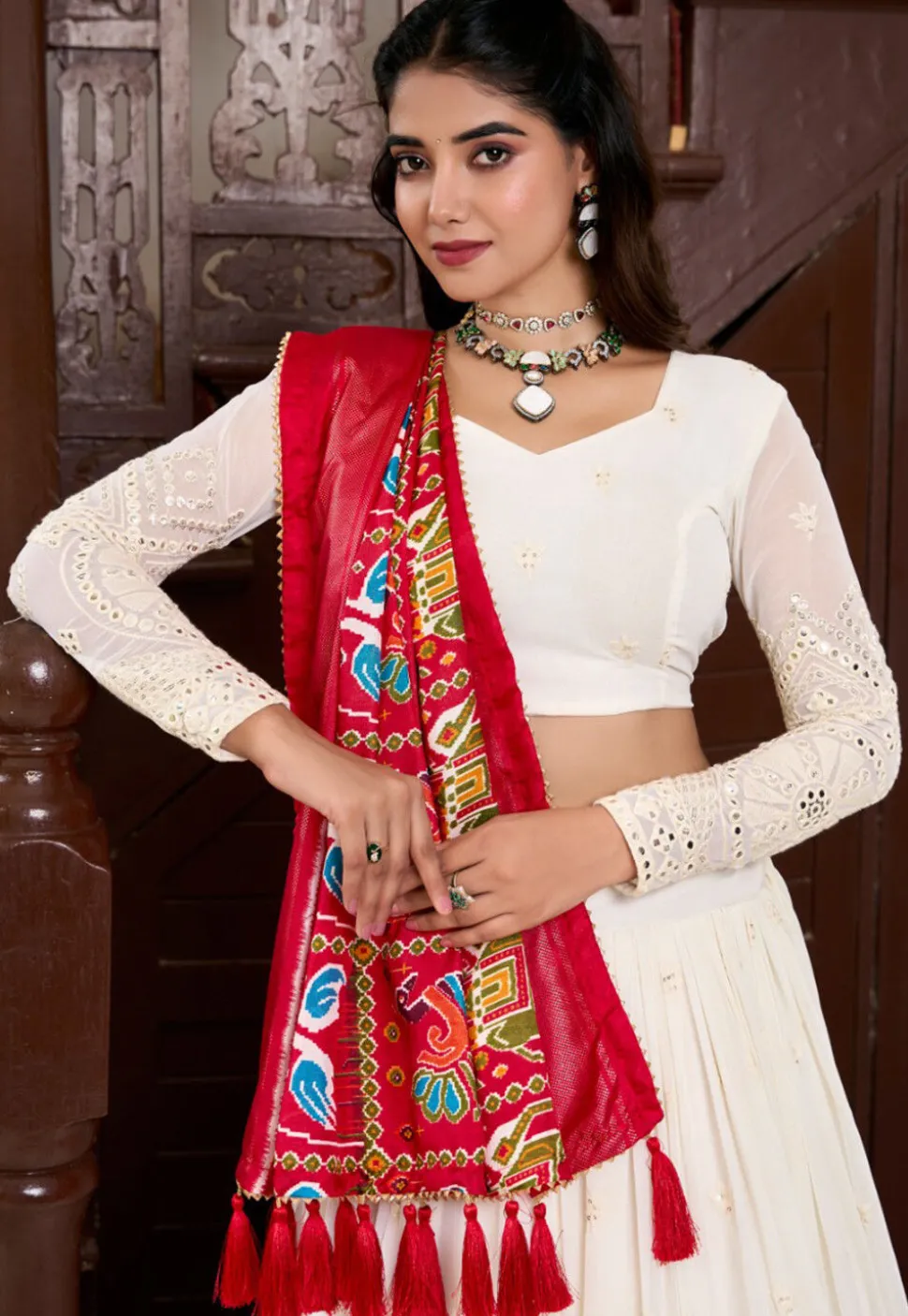 Embroidered Georgette Lehenga in Off White