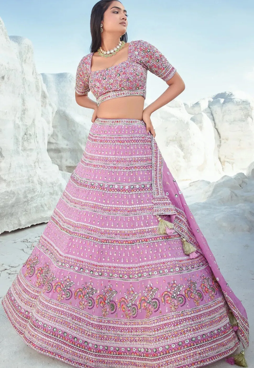 Embroidered Georgette Lehenga in Pink