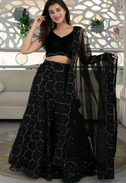 Embroidered Georgette Lehenga in Black