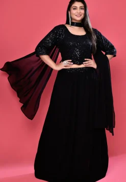 Embroidered Georgette Lehenga in Dark Navy Blue