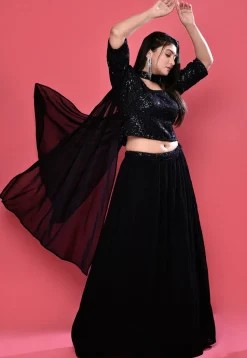Embroidered Georgette Lehenga in Dark Navy Blue