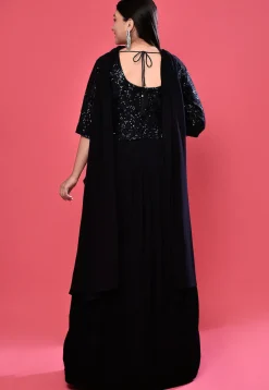 Embroidered Georgette Lehenga in Dark Navy Blue