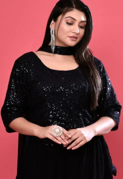 Embroidered Georgette Lehenga in Dark Navy Blue