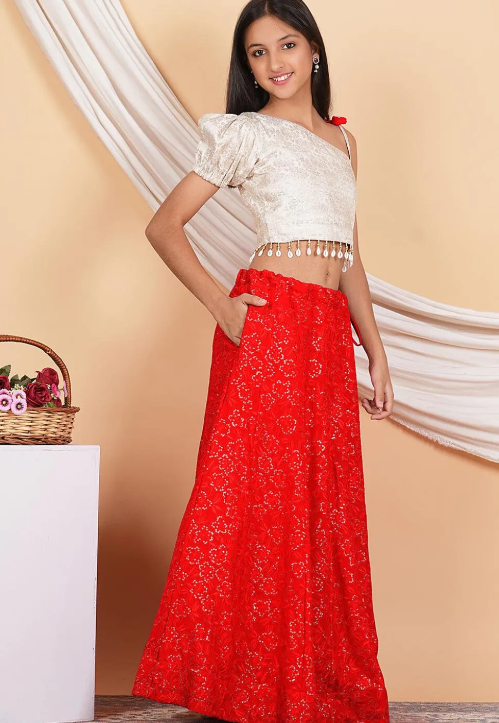 Embroidered Georgette Lehenga in Red