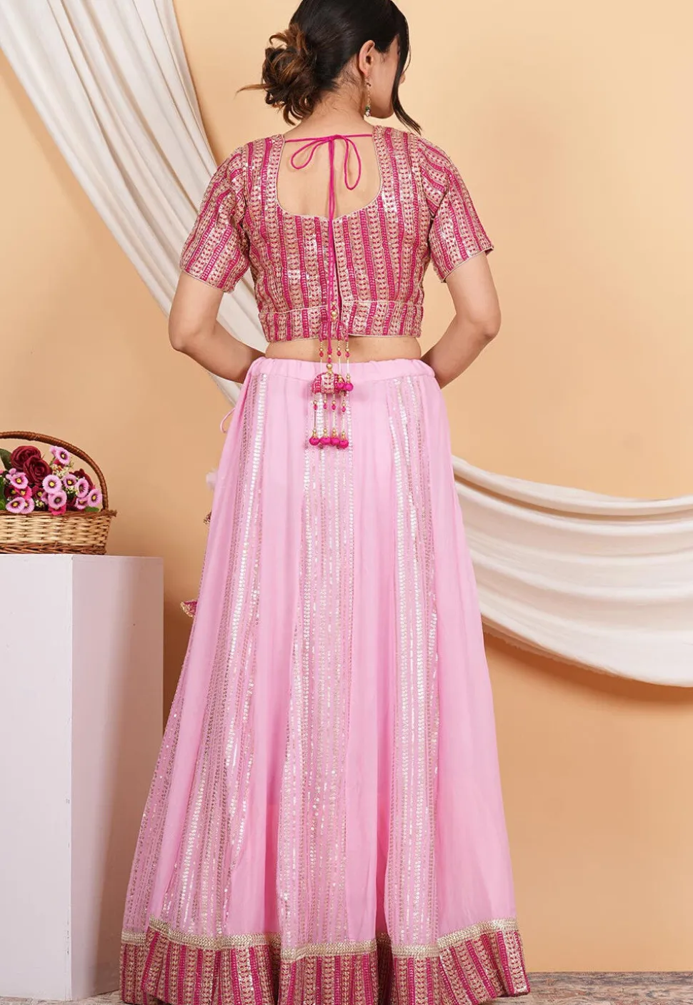 Embroidered Georgette Lehenga in Baby Pink