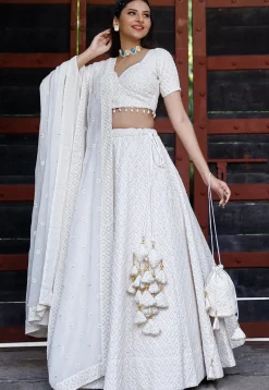 Embroidered Georgette Lehenga in White