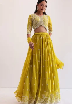 Embroidered Georgette Lehenga in Yellow