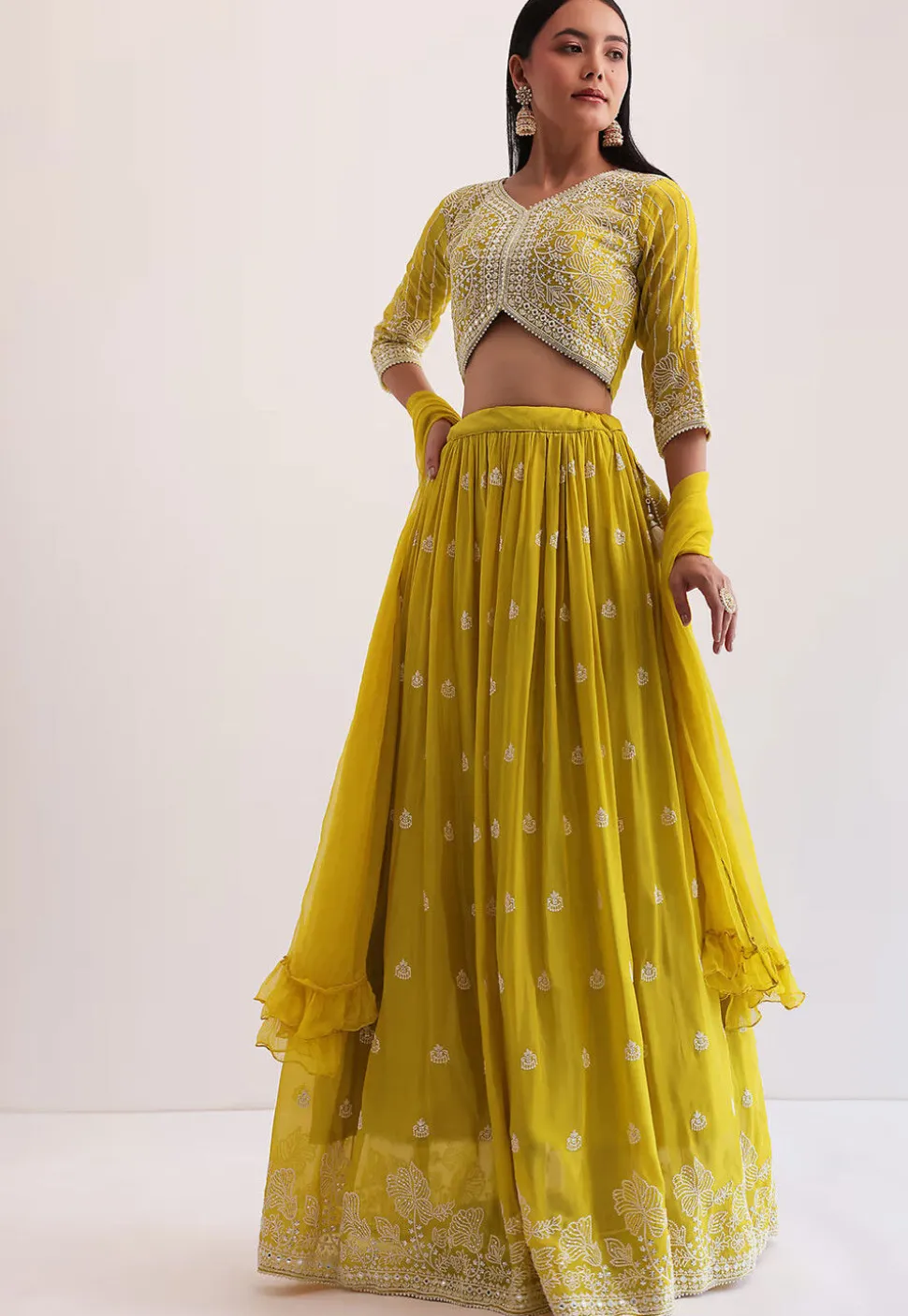 Embroidered Georgette Lehenga in Yellow
