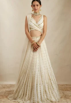 Embroidered Georgette Lehenga in Off White