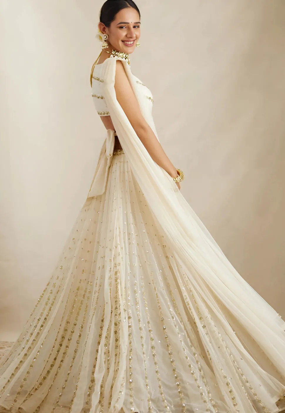 Embroidered Georgette Lehenga in Off White