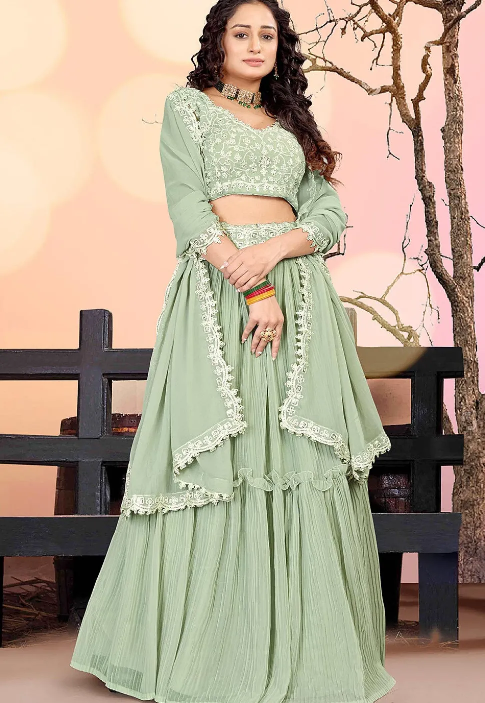 Embroidered Georgette Lehenga in Dusty Green