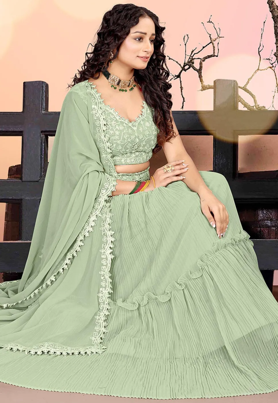 Embroidered Georgette Lehenga in Dusty Green