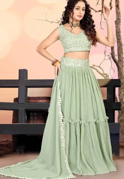Embroidered Georgette Lehenga in Dusty Green