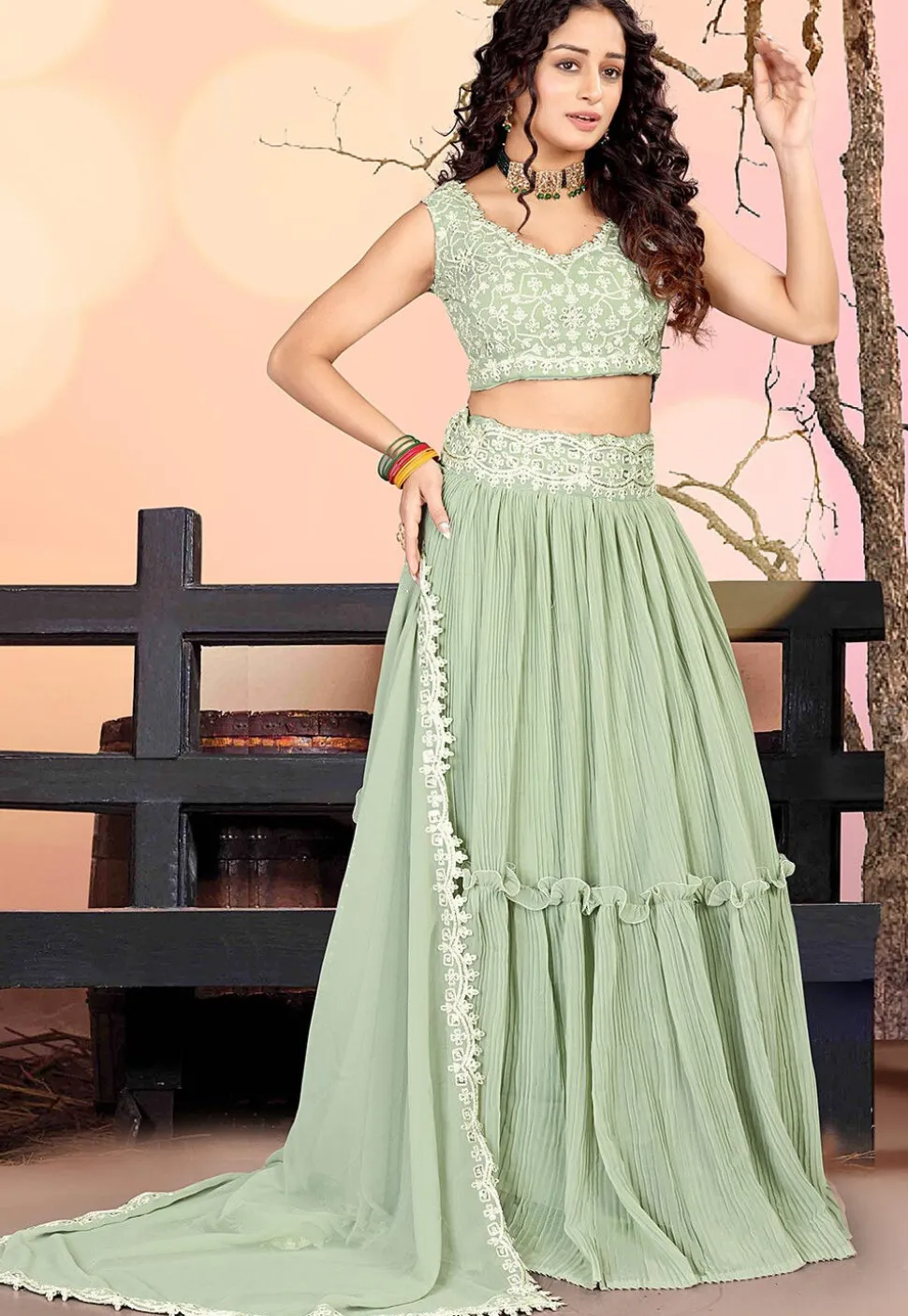Embroidered Georgette Lehenga in Dusty Green